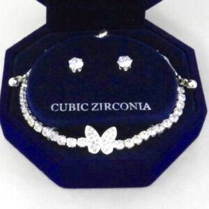 Womens Macy's Fine Silver Plate CZ/RS Butterfly Bolo Bracelet & Earring Set